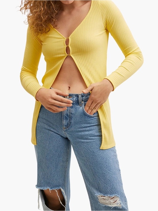 Mango Sweaters - NWT MNG Mango Yellow Ribbed Knit Long Miri Fitted Cardigan Duster - Women’s XS
